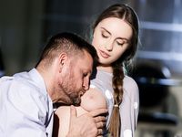 Beautiful brunette Lena Reif licks a long penis before and after fucking