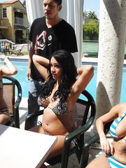 Sexy buxom slut Jamie Valentine sucking poolside & getting cum on her big tits